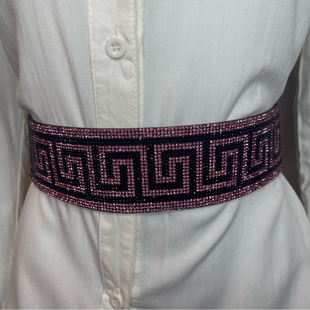 Black and pink rhinestone embellished elastic waistband belt